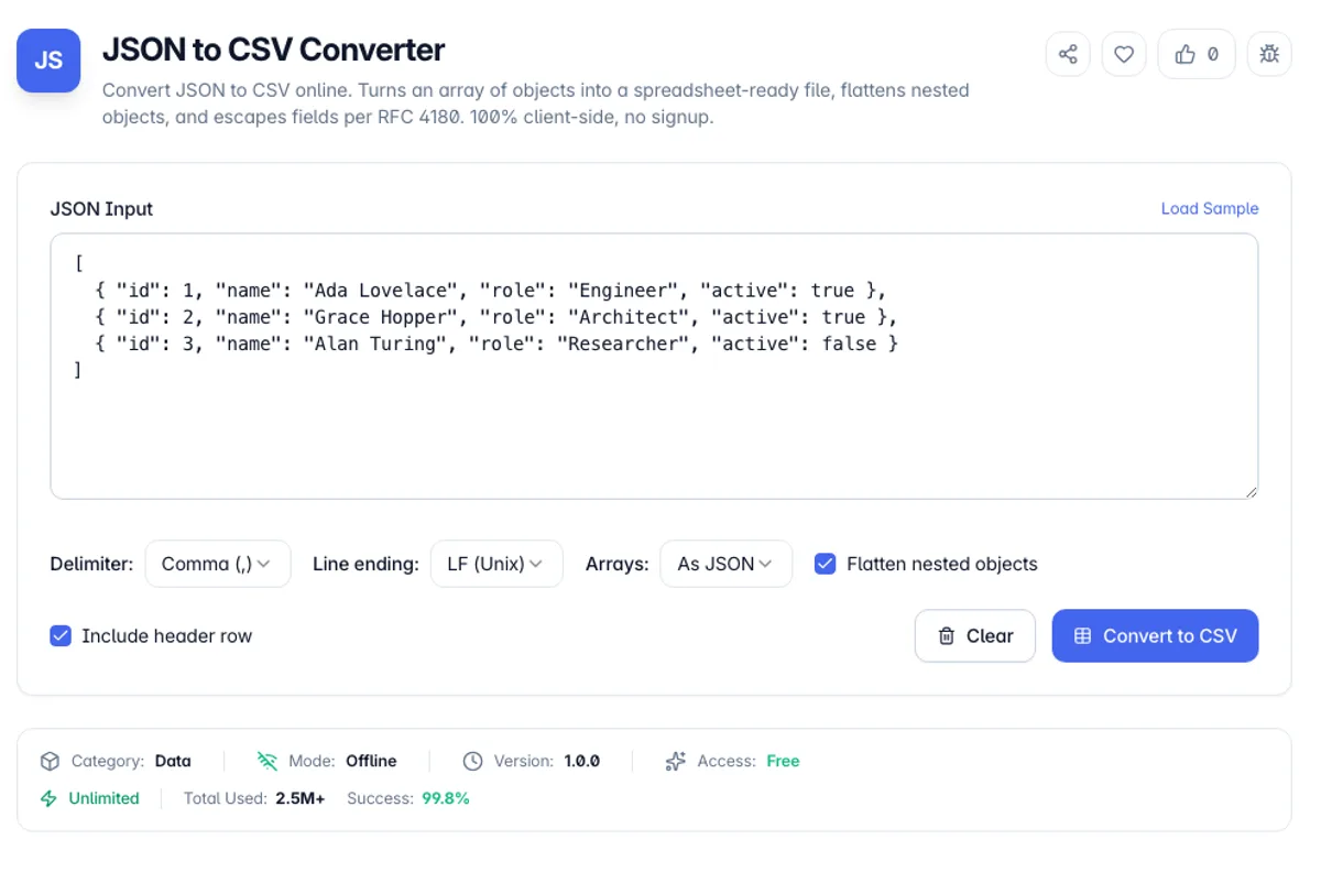 JSON to CSV Converter interface on Toolz.dev - Convert JSON to CSV online. Turns an array of objects into a spreadsheet-ready file, flattens nested objects, and escapes fields per RFC 4180. 100% client-side, no signup.