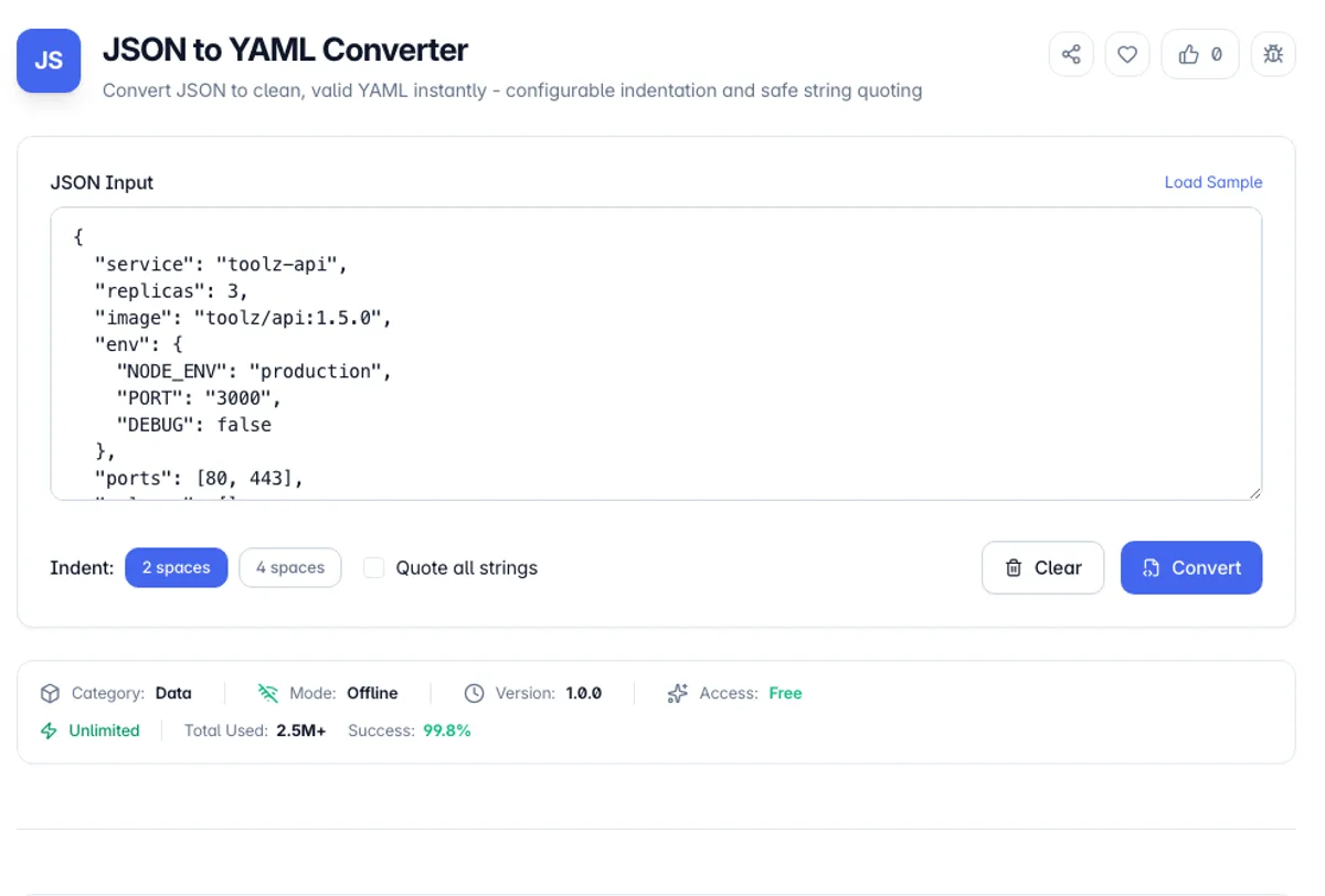 JSON to YAML Converter interface on Toolz.dev - Convert JSON to clean, valid YAML instantly - configurable indentation and safe string quoting