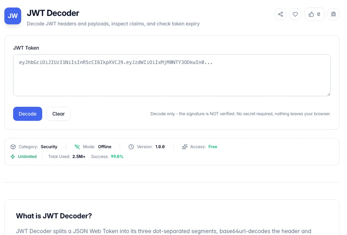 JWT Decoder interface on Toolz.dev - Decode JWT headers and payloads, inspect claims, and check token expiry