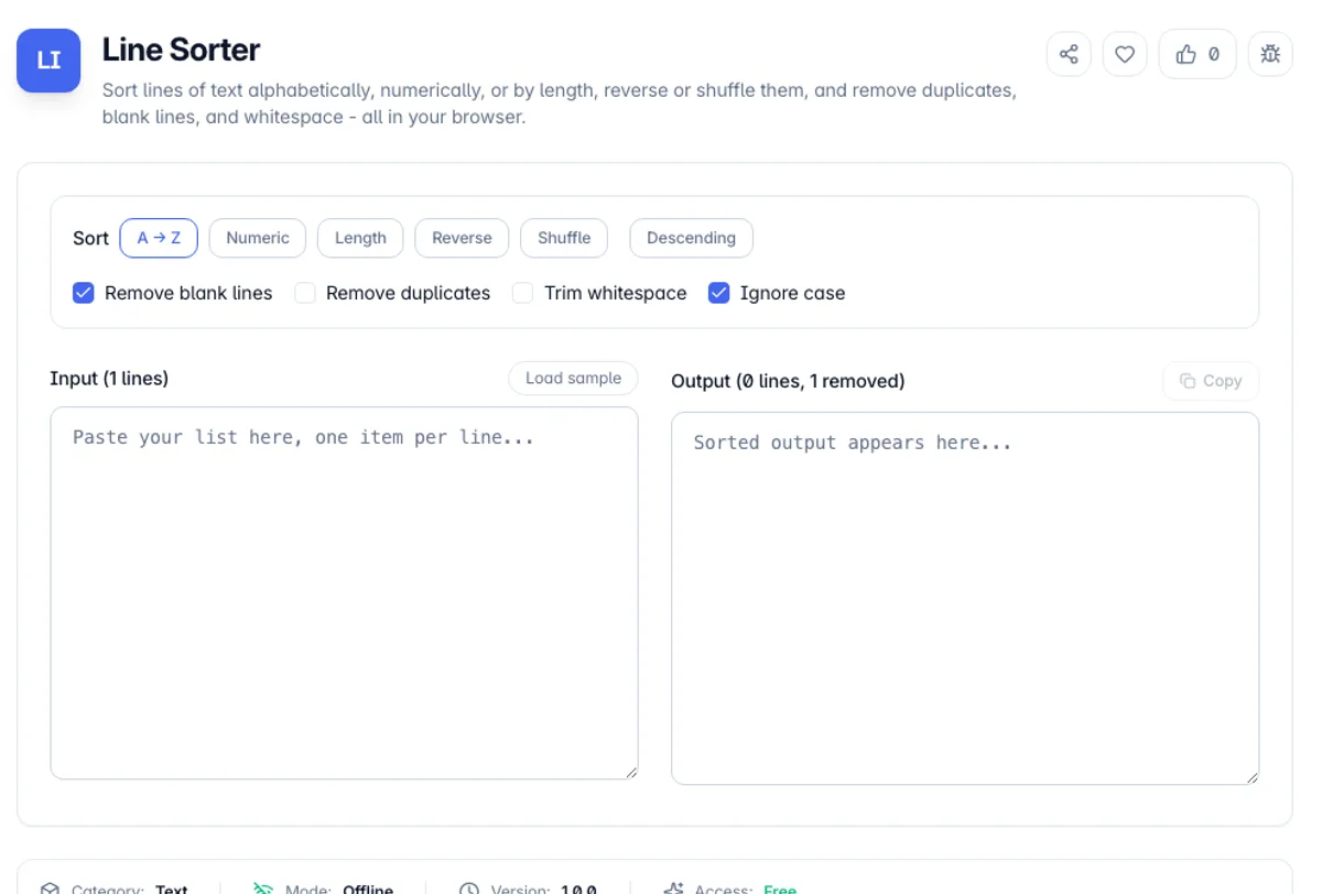 Line Sorter interface on Toolz.dev - Sort lines of text alphabetically, numerically, or by length, reverse or shuffle them, and remove duplicates, blank lines, and whitespace - all in your browser.