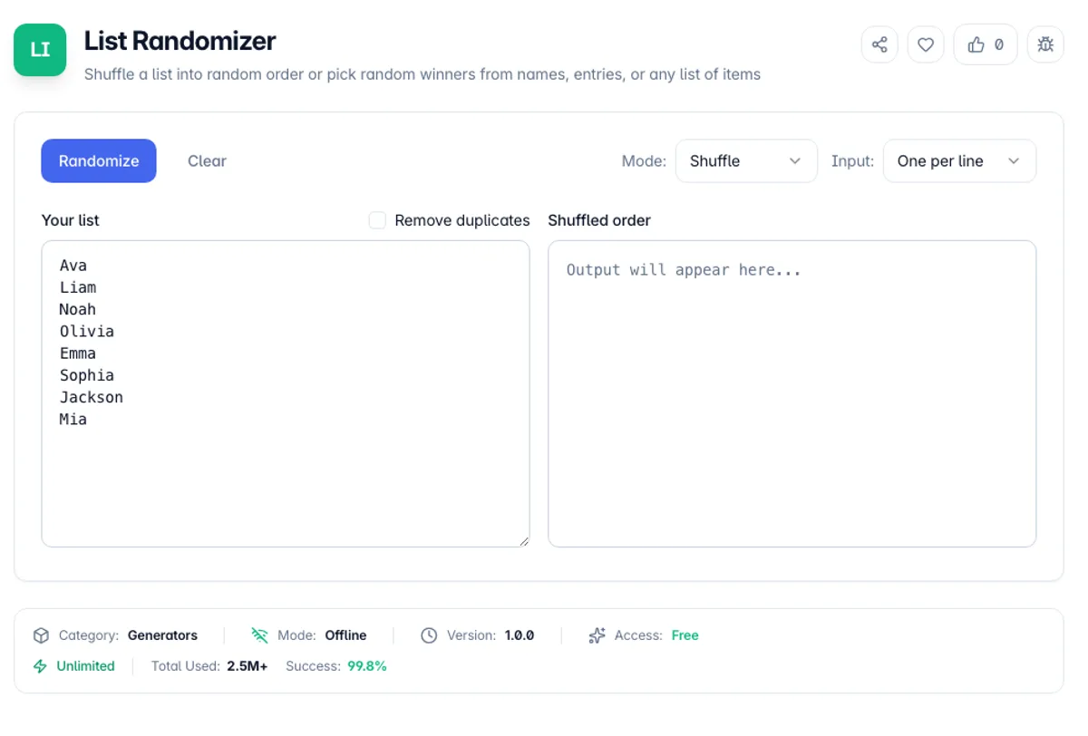 List Randomizer interface on Toolz.dev - Shuffle a list into random order or pick random winners from names, entries, or any list of items