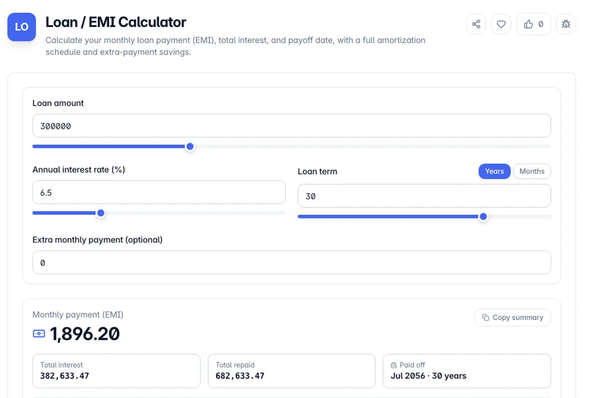 Loan / EMI Calculator interface on Toolz.dev - Calculate your monthly loan payment (EMI), total interest, and payoff date, with a full amortization schedule and extra-payment savings.