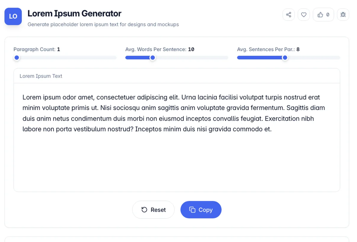 Lorem Ipsum Generator interface on Toolz.dev - Generate placeholder lorem ipsum text for designs and mockups