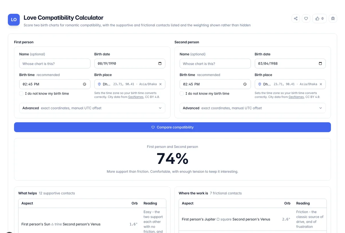Love Compatibility Calculator interface on Toolz.dev - Score two birth charts for romantic compatibility, with the supportive and frictional contacts listed and the weighting shown rather than hidden