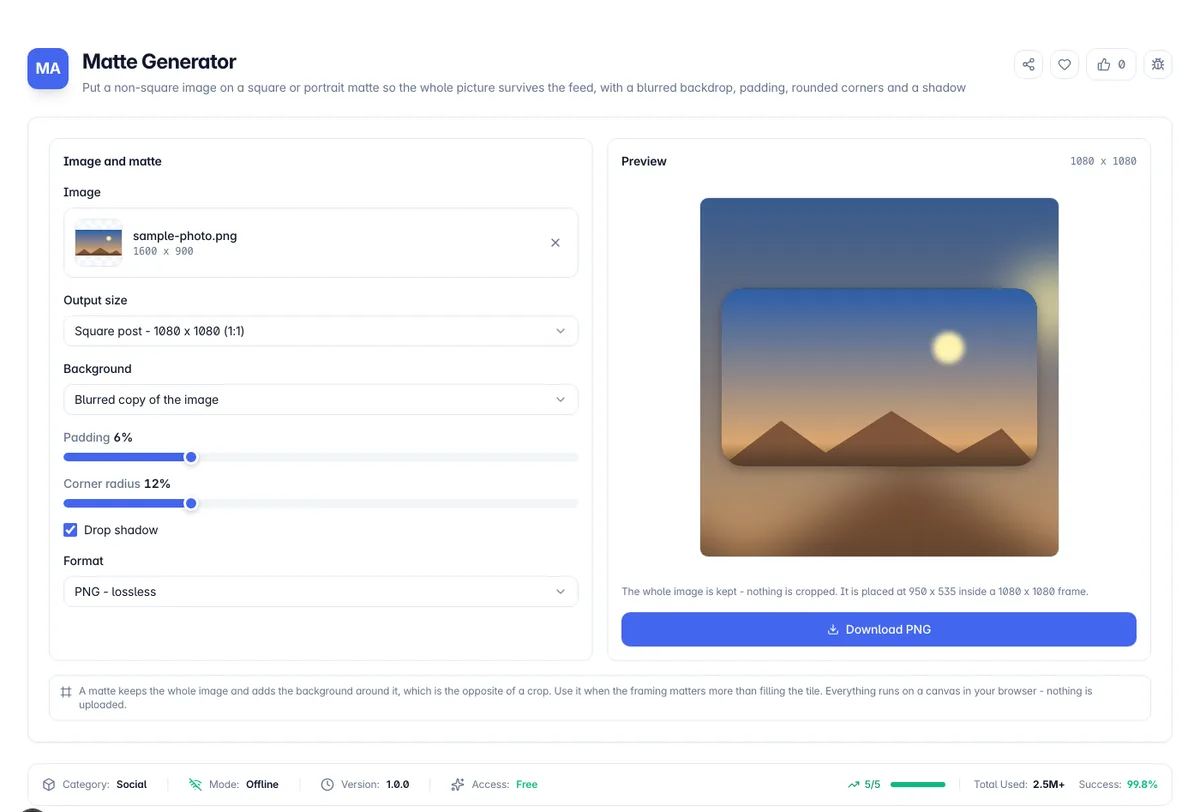 Matte Generator interface on Toolz.dev - Put a non-square image on a square or portrait matte so the whole picture survives the feed, with a blurred backdrop, padding, rounded corners and a shadow