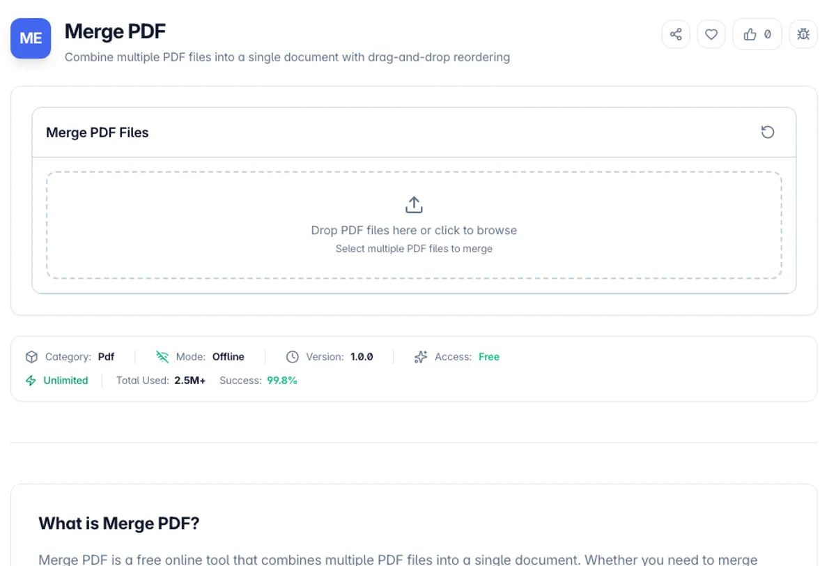 Merge PDF interface on Toolz.dev - Combine multiple PDF files into a single document with drag-and-drop reordering