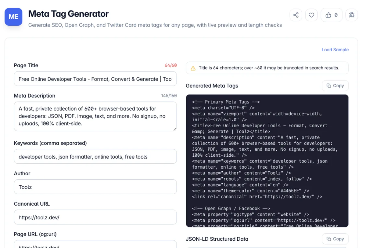 Meta Tag Generator interface on Toolz.dev - Generate SEO, Open Graph, and Twitter Card meta tags for any page, with live preview and length checks