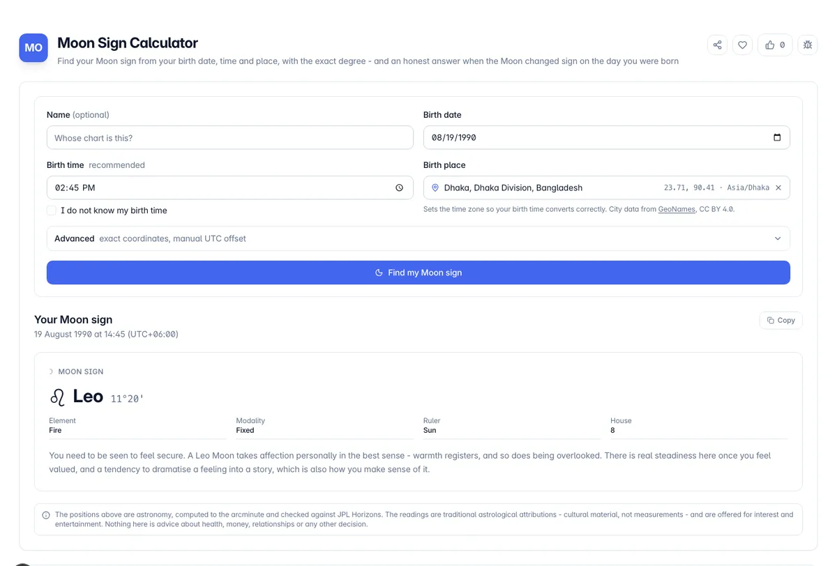 Moon Sign Calculator interface on Toolz.dev - Find your Moon sign from your birth date, time and place, with the exact degree - and an honest answer when the Moon changed sign on the day you were born