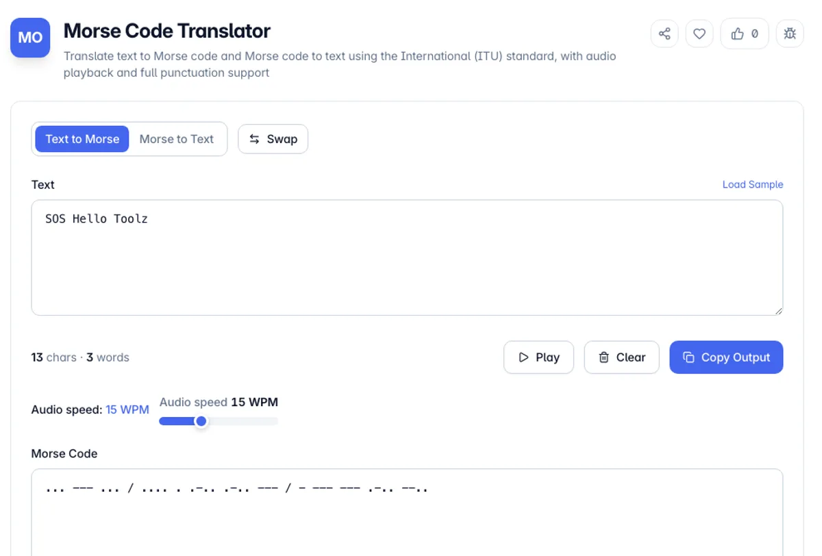 Morse Code Translator interface on Toolz.dev - Translate text to Morse code and Morse code to text using the International (ITU) standard, with audio playback and full punctuation support