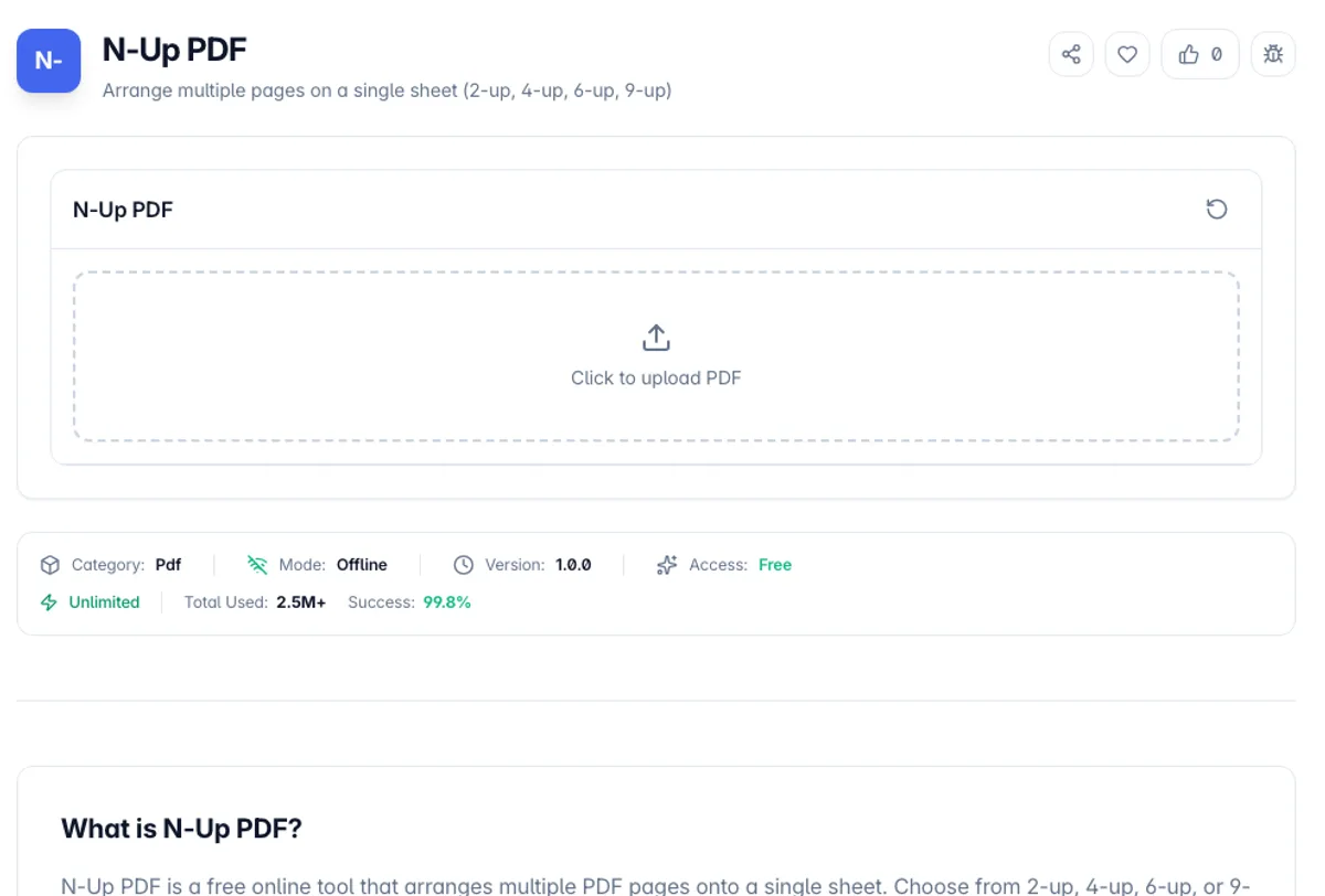 N-Up PDF interface on Toolz.dev - Arrange multiple pages on a single sheet (2-up, 4-up, 6-up, 9-up)