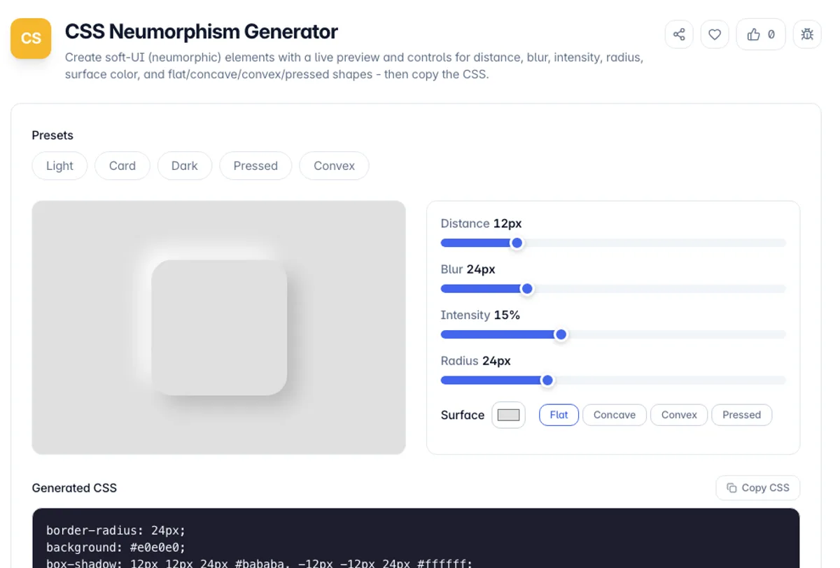 CSS Neumorphism Generator interface on Toolz.dev - Create soft-UI (neumorphic) elements with a live preview and controls for distance, blur, intensity, radius, surface color, and flat/concave/convex/pressed shapes - then copy the CSS.