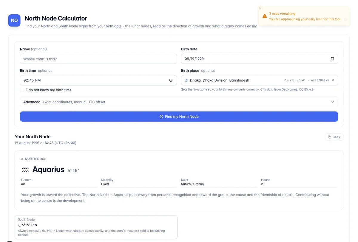 North Node Calculator interface on Toolz.dev - Find your North and South Node signs from your birth date - the lunar nodes, read as the direction of growth and what already comes easily