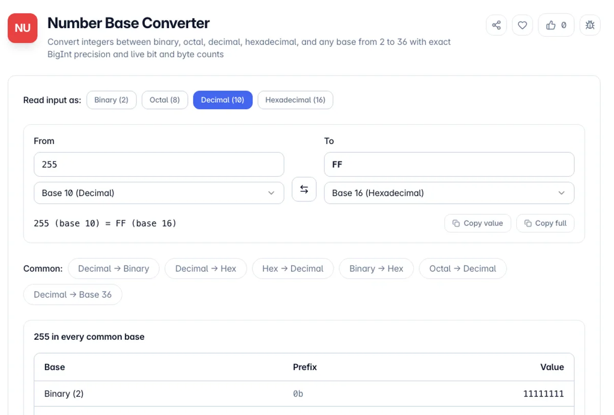 Number Base Converter interface on Toolz.dev - Convert integers between binary, octal, decimal, hexadecimal, and any base from 2 to 36 with exact BigInt precision and live bit and byte counts
