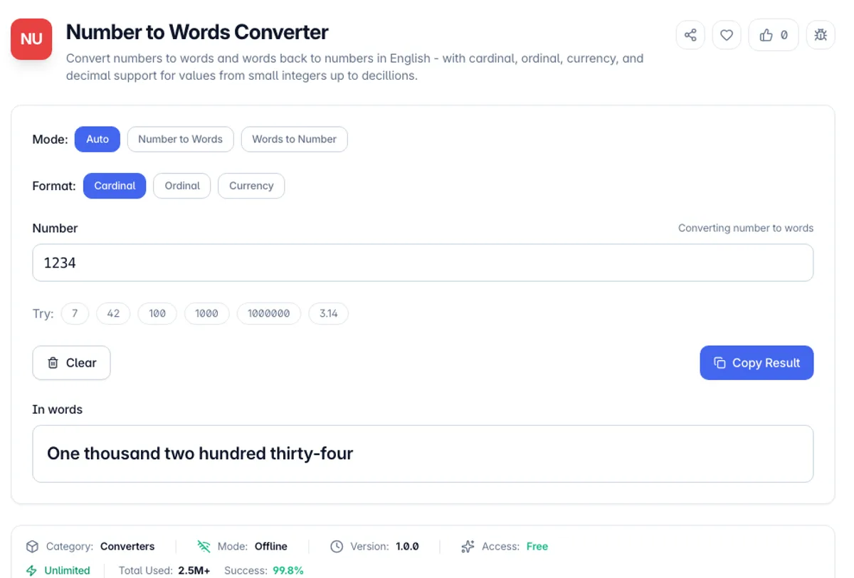 Number to Words Converter interface on Toolz.dev - Convert numbers to words and words back to numbers in English - with cardinal, ordinal, currency, and decimal support for values from small integers up to decillions.