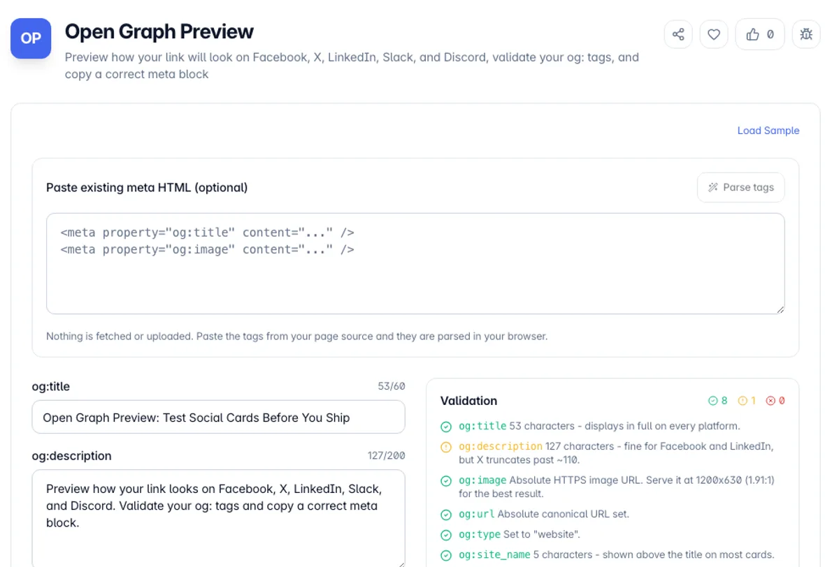 Open Graph Preview interface on Toolz.dev - Preview how your link will look on Facebook, X, LinkedIn, Slack, and Discord, validate your og: tags, and copy a correct meta block
