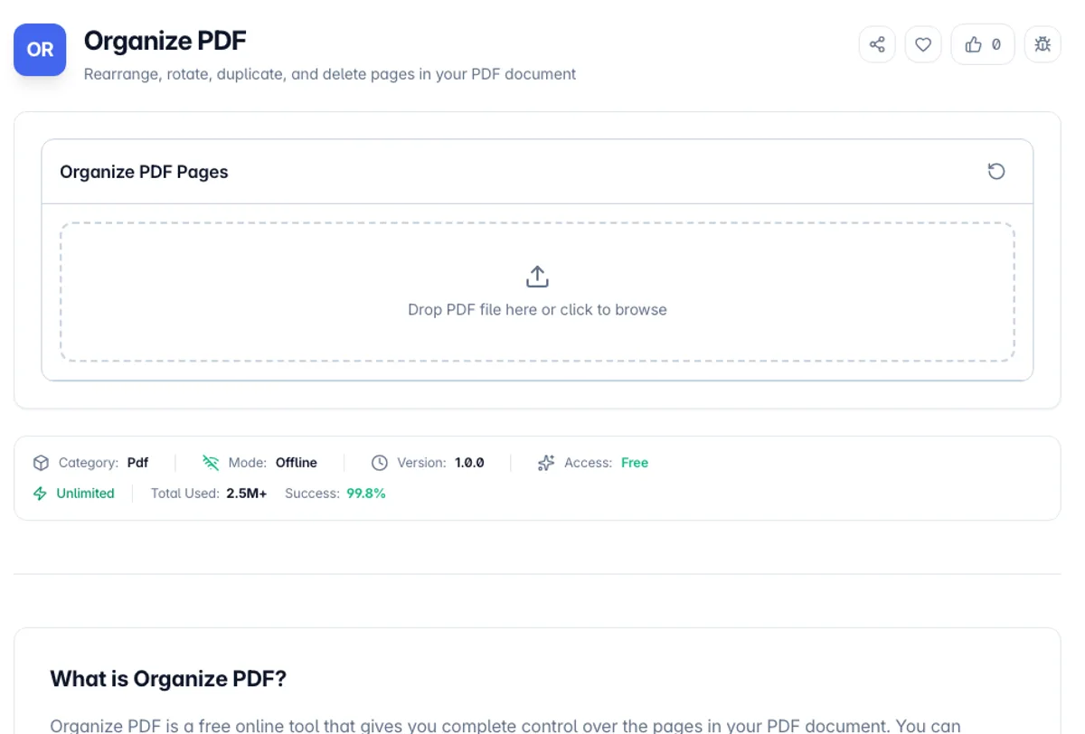 Organize PDF interface on Toolz.dev - Rearrange, rotate, duplicate, and delete pages in your PDF document
