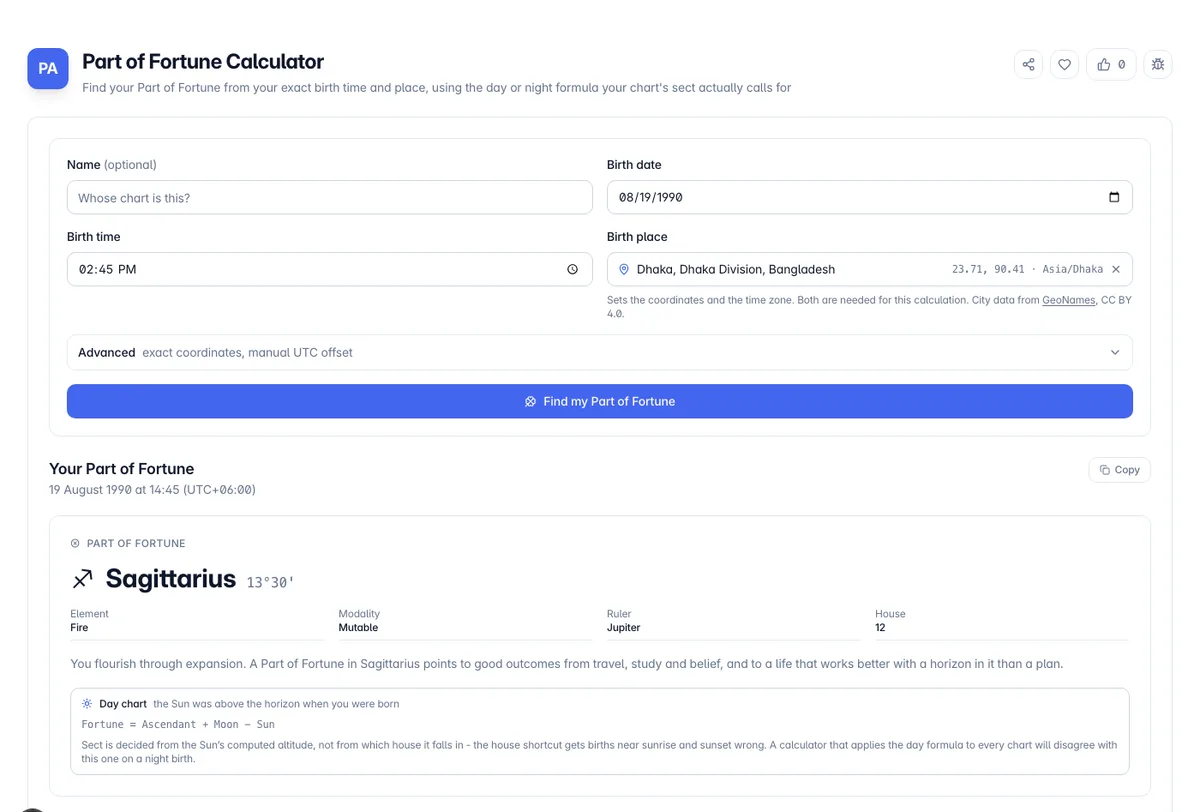 Part of Fortune Calculator interface on Toolz.dev - Find your Part of Fortune from your exact birth time and place, using the day or night formula your chart's sect actually calls for