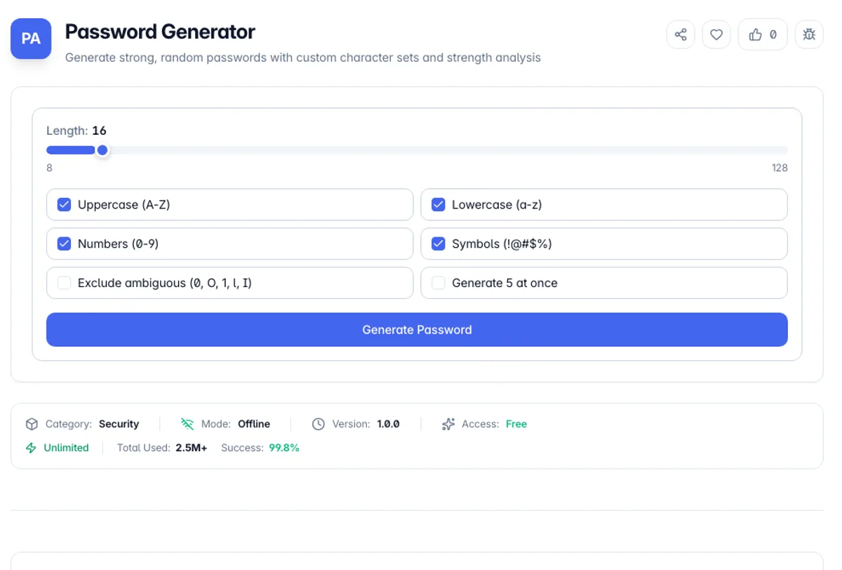 Password Generator interface on Toolz.dev - Generate strong, random passwords with custom character sets and strength analysis