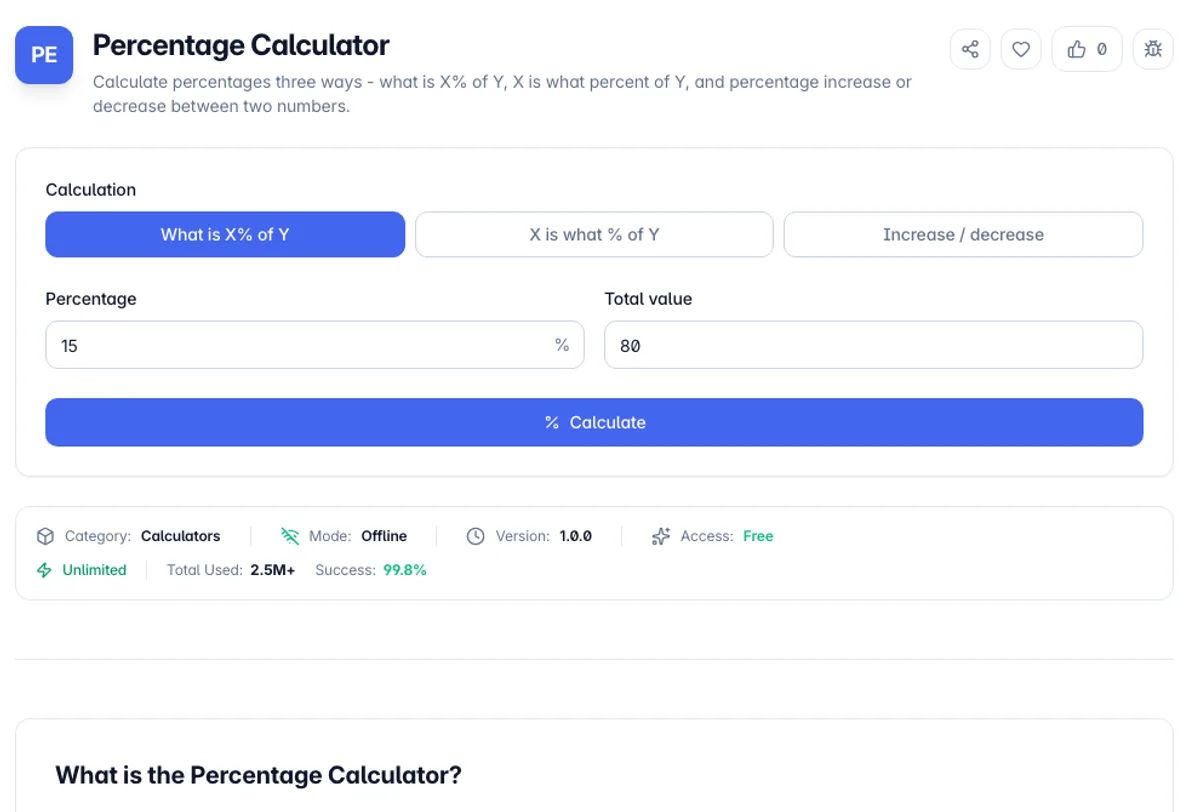 Percentage Calculator interface on Toolz.dev - Calculate percentages three ways - what is X% of Y, X is what percent of Y, and percentage increase or decrease between two numbers.