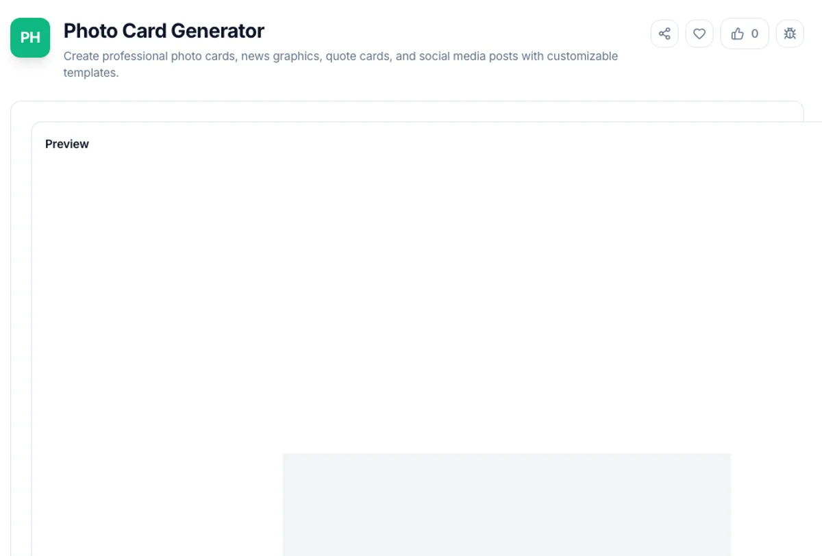 Photo Card Generator interface on Toolz.dev - Create professional photo cards, news graphics, quote cards, and social media posts with customizable templates.