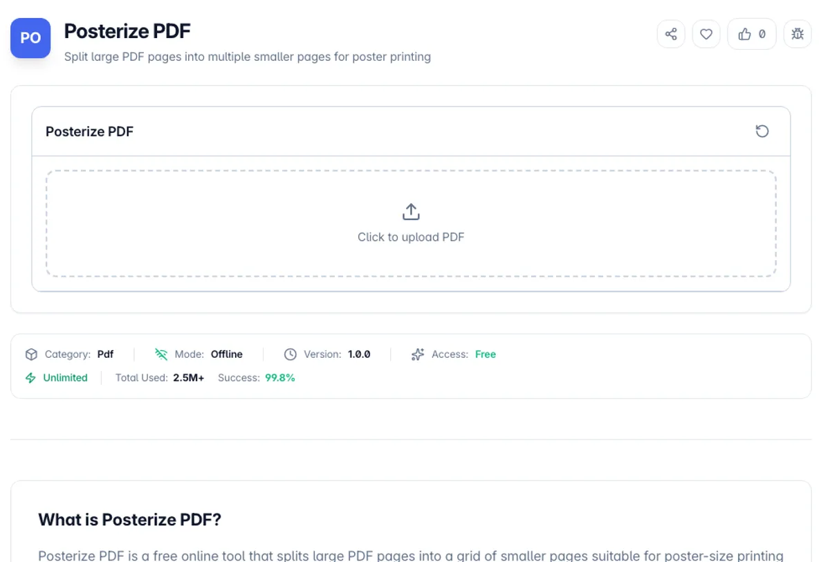 Posterize PDF interface on Toolz.dev - Split large PDF pages into multiple smaller pages for poster printing