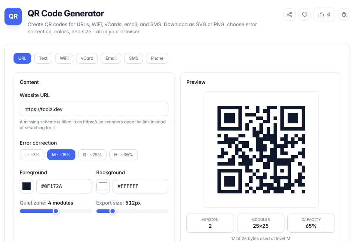 QR Code Generator interface on Toolz.dev - Create QR codes for URLs, WiFi, vCards, email, and SMS. Download as SVG or PNG, choose error correction, colors, and size - all in your browser