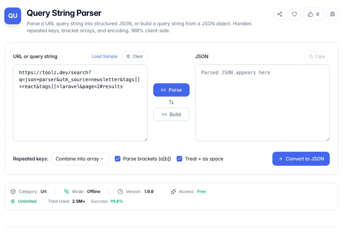 Query String Parser interface on Toolz.dev - Parse a URL query string into structured JSON, or build a query string from a JSON object. Handles repeated keys, bracket arrays, and encoding. 100% client-side.