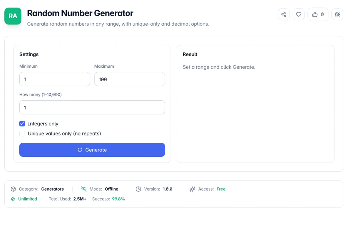 Random Number Generator interface on Toolz.dev - Generate random numbers in any range, with unique-only and decimal options.