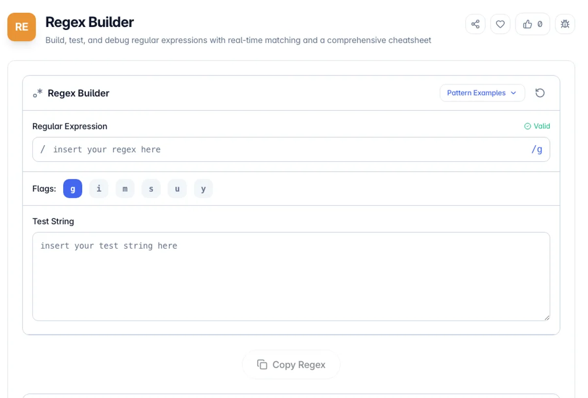 Regex Builder interface on Toolz.dev - Build, test, and debug regular expressions with real-time matching and a comprehensive cheatsheet
