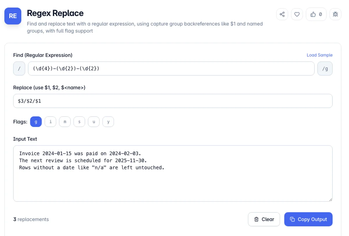 Regex Replace interface on Toolz.dev - Find and replace text with a regular expression, using capture group backreferences like $1 and named groups, with full flag support