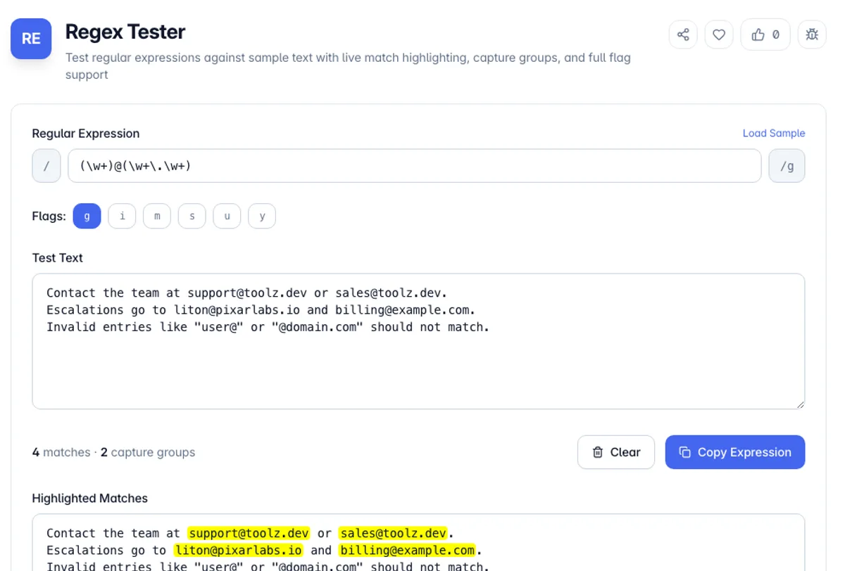 Regex Tester interface on Toolz.dev - Test regular expressions against sample text with live match highlighting, capture groups, and full flag support