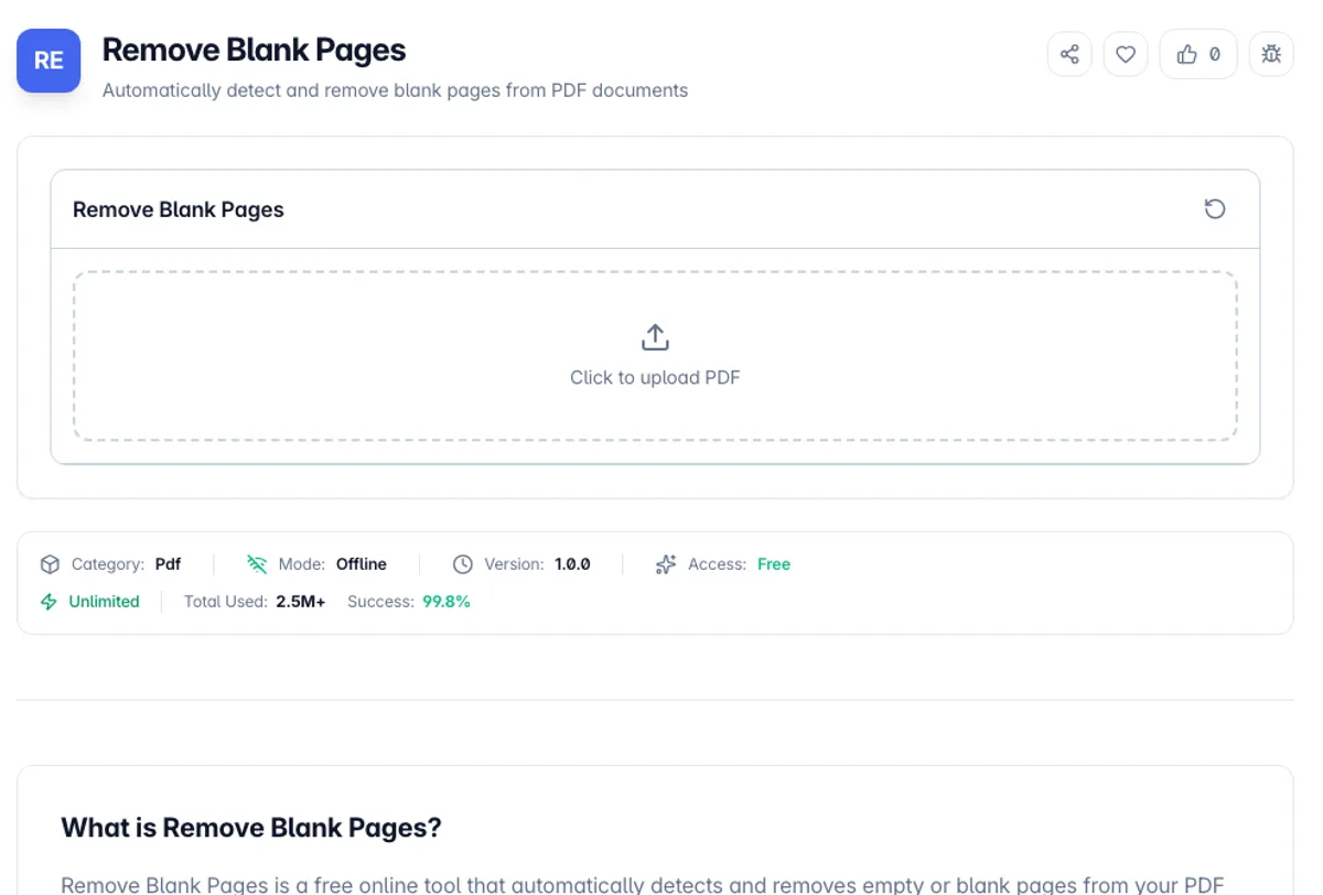 Remove Blank Pages interface on Toolz.dev - Find and delete blank pages from a PDF by analysing what each page actually draws, then download the cleaned file.