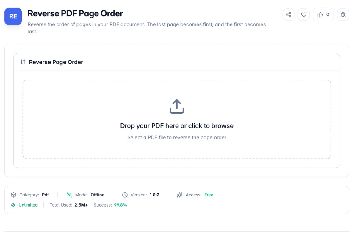 Reverse PDF Page Order interface on Toolz.dev - Reverse the order of pages in your PDF document. The last page becomes first, and the first becomes last.