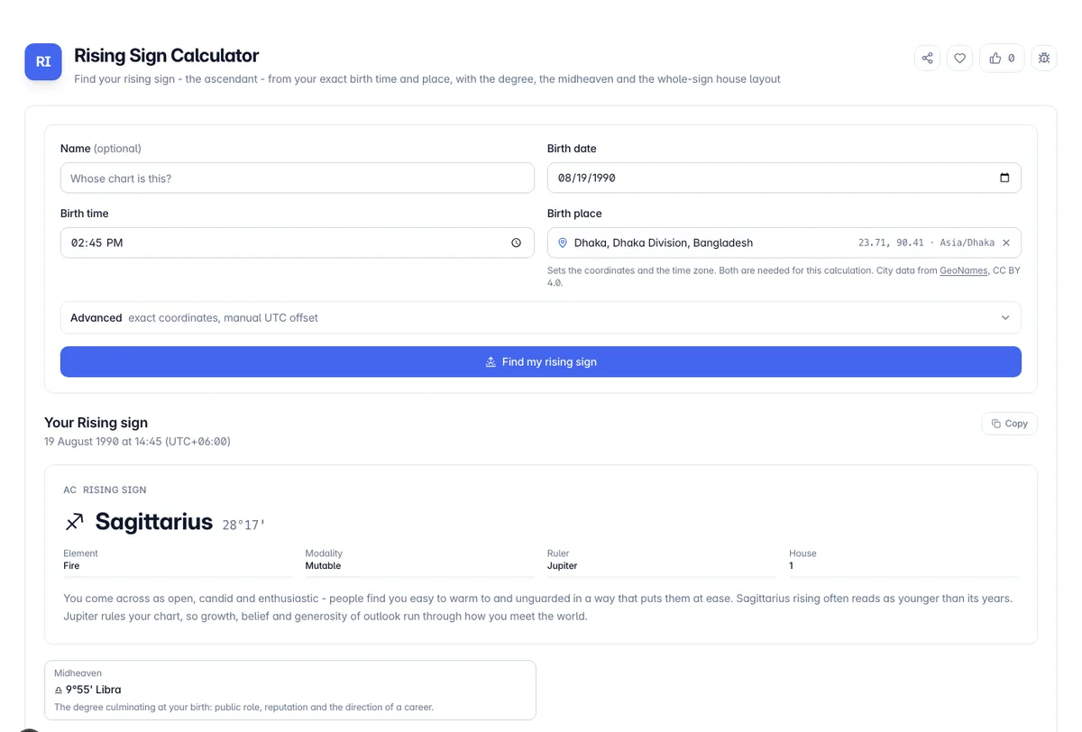 Rising Sign Calculator interface on Toolz.dev - Find your rising sign - the ascendant - from your exact birth time and place, with the degree, the midheaven and the whole-sign house layout