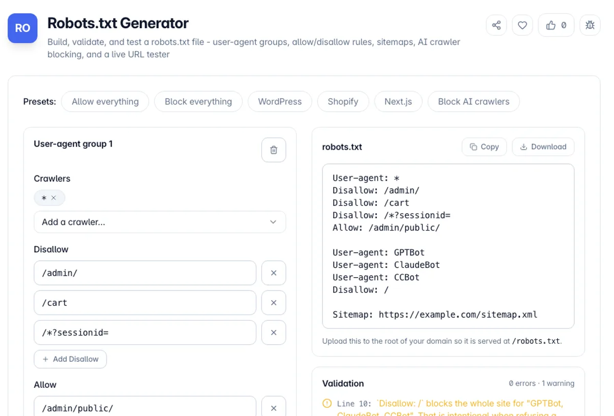 Robots.txt Generator interface on Toolz.dev - Build, validate, and test a robots.txt file - user-agent groups, allow/disallow rules, sitemaps, AI crawler blocking, and a live URL tester
