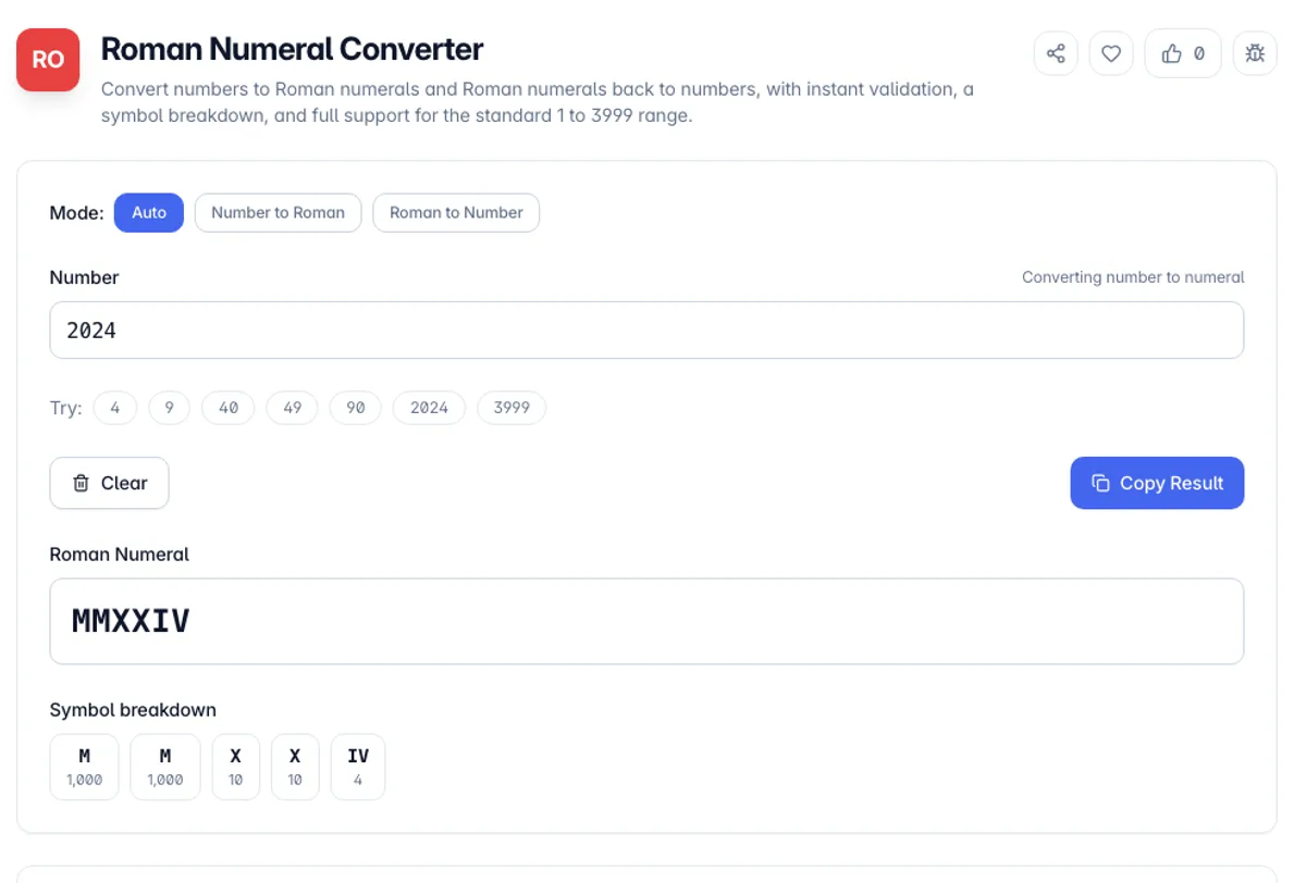 Roman Numeral Converter interface on Toolz.dev - Convert numbers to Roman numerals and Roman numerals back to numbers, with instant validation, a symbol breakdown, and full support for the standard 1 to 3999 range.