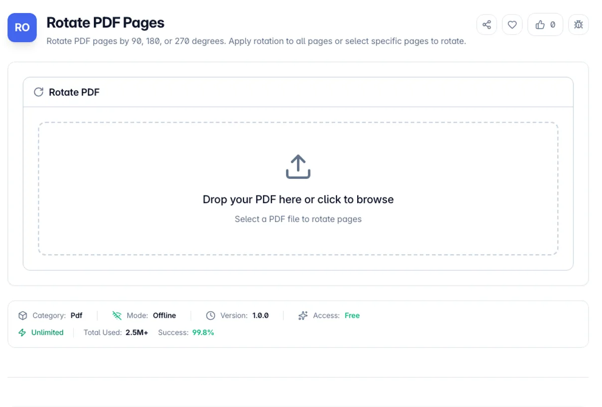 Rotate PDF Pages interface on Toolz.dev - Rotate PDF pages by 90, 180, or 270 degrees. Apply rotation to all pages or select specific pages to rotate.