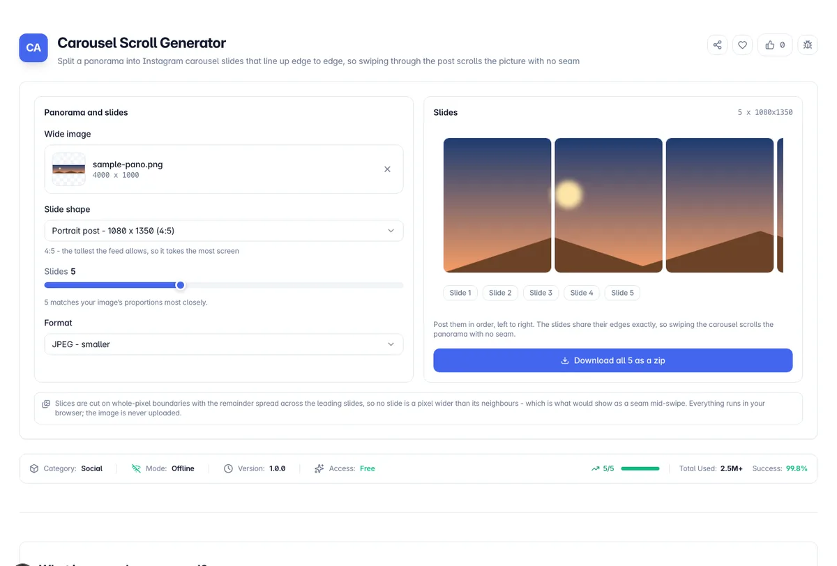 Carousel Scroll Generator interface on Toolz.dev - Split a panorama into Instagram carousel slides that line up edge to edge, so swiping through the post scrolls the picture with no seam