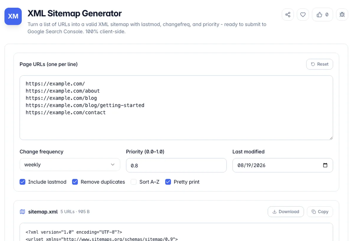 XML Sitemap Generator interface on Toolz.dev - Turn a list of URLs into a valid XML sitemap with lastmod, changefreq, and priority - ready to submit to Google Search Console. 100% client-side.
