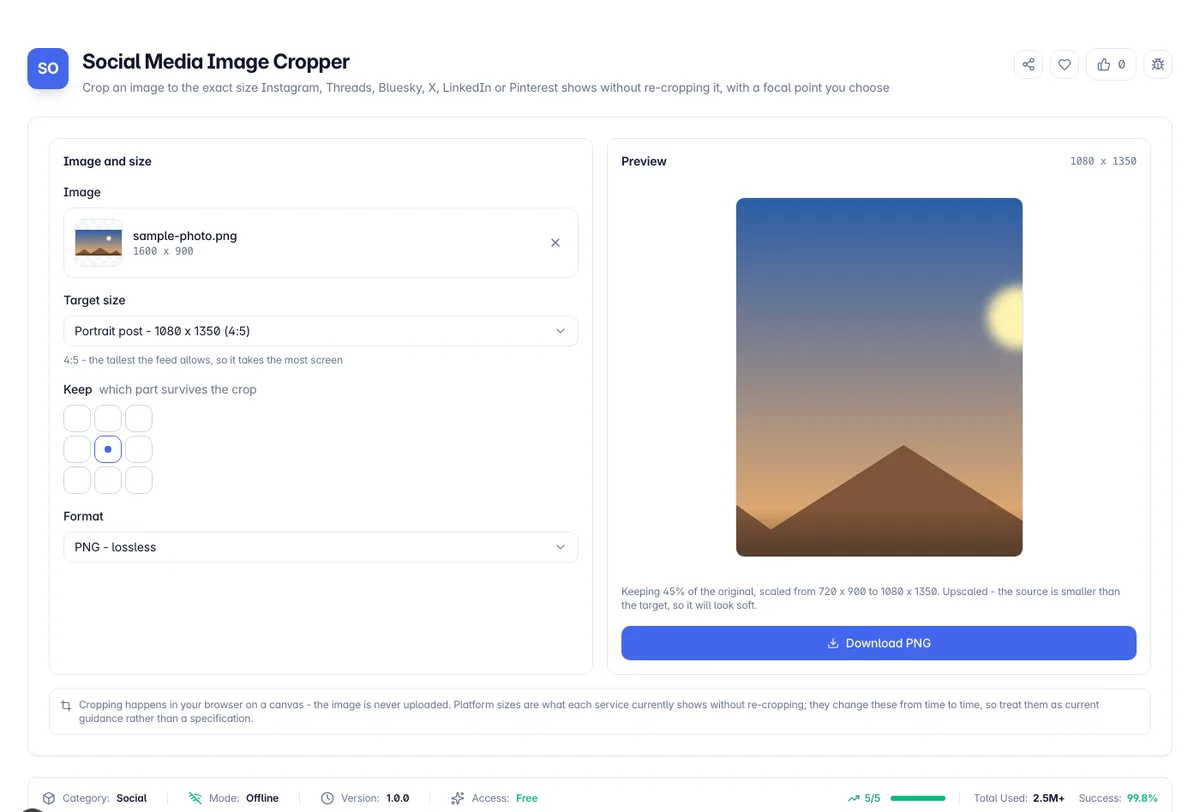 Social Media Image Cropper interface on Toolz.dev - Crop an image to the exact size Instagram, Threads, Bluesky, X, LinkedIn or Pinterest shows without re-cropping it, with a focal point you choose