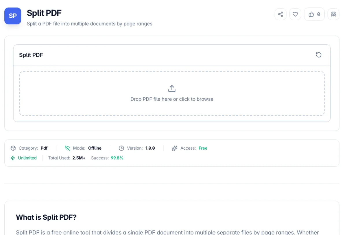 Split PDF interface on Toolz.dev - Split a PDF file into multiple documents by page ranges