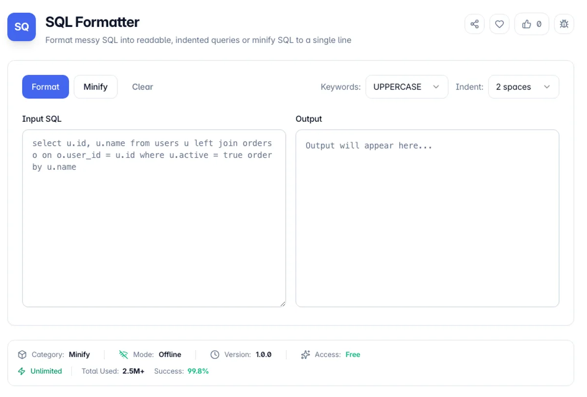 SQL Formatter interface on Toolz.dev - Format messy SQL into readable, indented queries or minify SQL to a single line