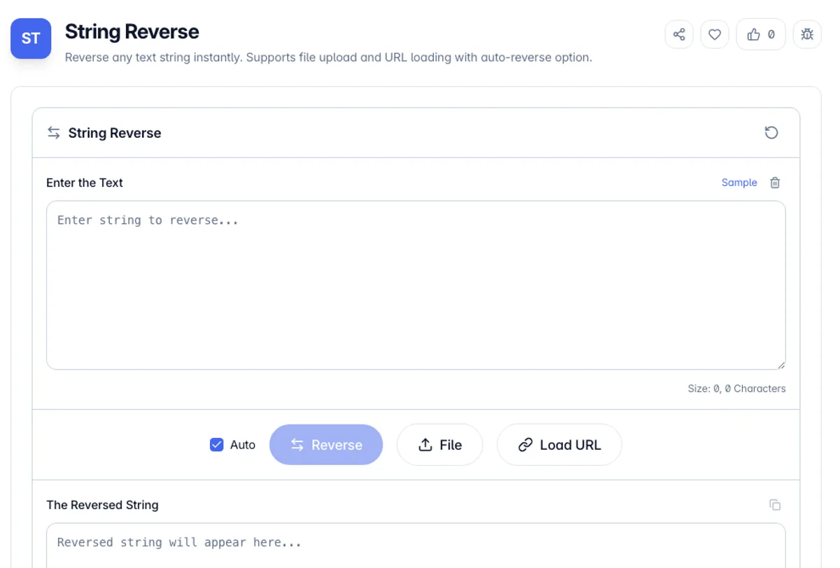 String Reverse interface on Toolz.dev - Reverse any text string instantly. Supports file upload and URL loading with auto-reverse option.