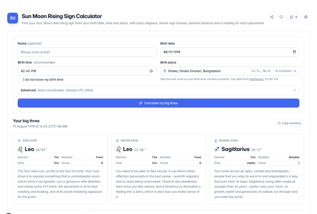 Sun Moon Rising Sign Calculator interface on Toolz.dev - Find your Sun, Moon and rising sign from your birth date, time and place, with exact degrees, whole-sign houses, element balance and a reading for each placement
