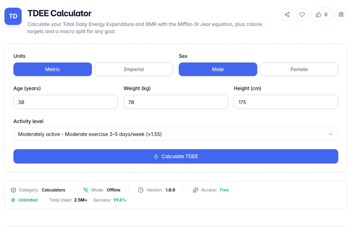 TDEE Calculator interface on Toolz.dev - Calculate your Total Daily Energy Expenditure and BMR with the Mifflin-St Jeor equation, plus calorie targets and a macro split for any goal