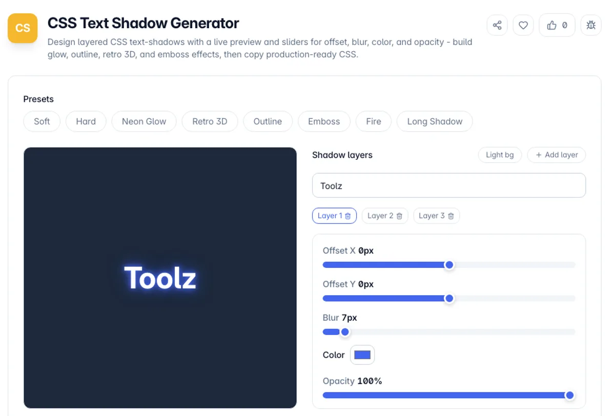 CSS Text Shadow Generator interface on Toolz.dev - Design layered CSS text-shadows with a live preview and sliders for offset, blur, color, and opacity - build glow, outline, retro 3D, and emboss effects, then copy production-ready CSS.