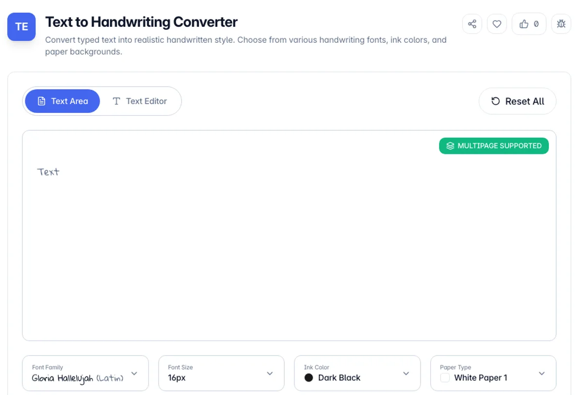Text to Handwriting Converter interface on Toolz.dev - Convert typed text into realistic handwritten style. Choose from various handwriting fonts, ink colors, and paper backgrounds.