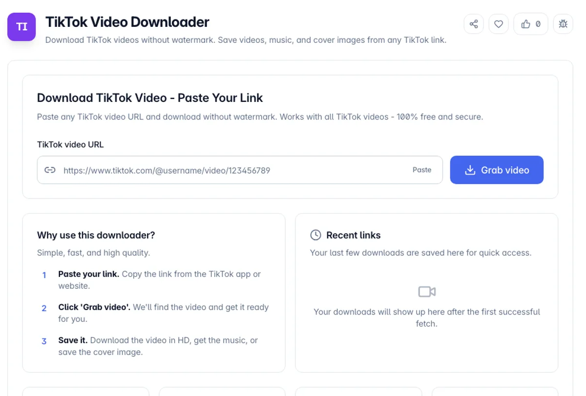 TikTok Video Downloader interface on Toolz.dev - Download TikTok videos without watermark. Save videos, music, and cover images from any TikTok link.