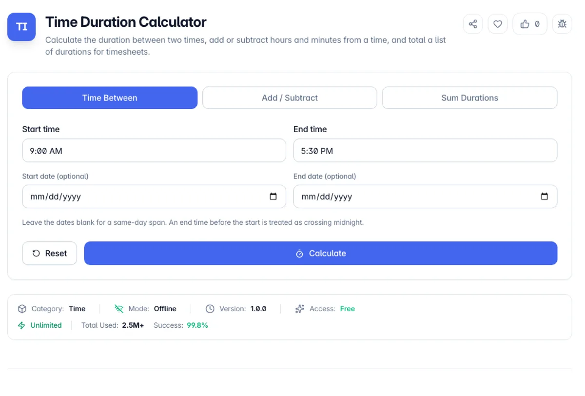 Time Duration Calculator interface on Toolz.dev - Calculate the duration between two times, add or subtract hours and minutes from a time, and total a list of durations for timesheets.