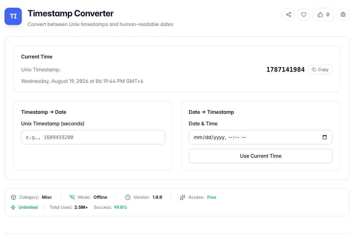 Timestamp Converter interface on Toolz.dev - Convert between Unix timestamps and human-readable dates